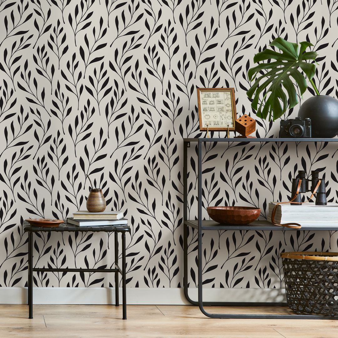 Botanical Wallpaper with Stylized Leafy Branches in Black and Beige - B598