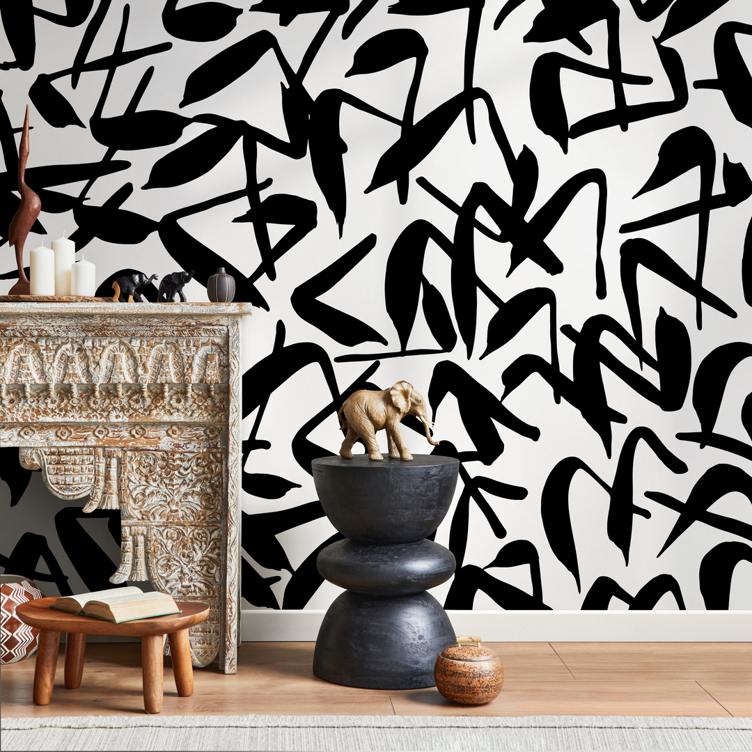 Abstract Wallpaper with Bold Brush Strokes in Black and White - B622