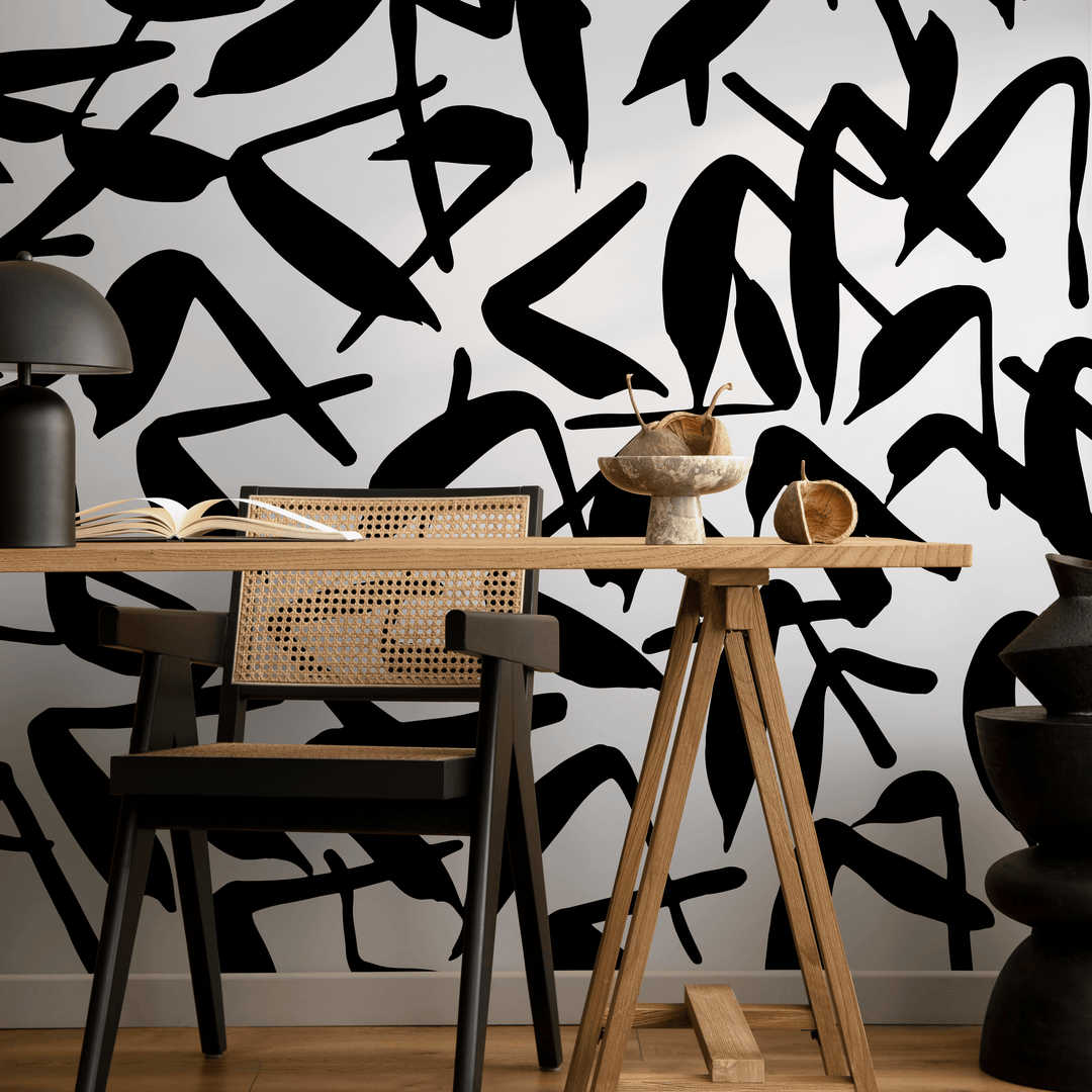 Abstract Wallpaper with Bold Brush Strokes in Black and White - B622