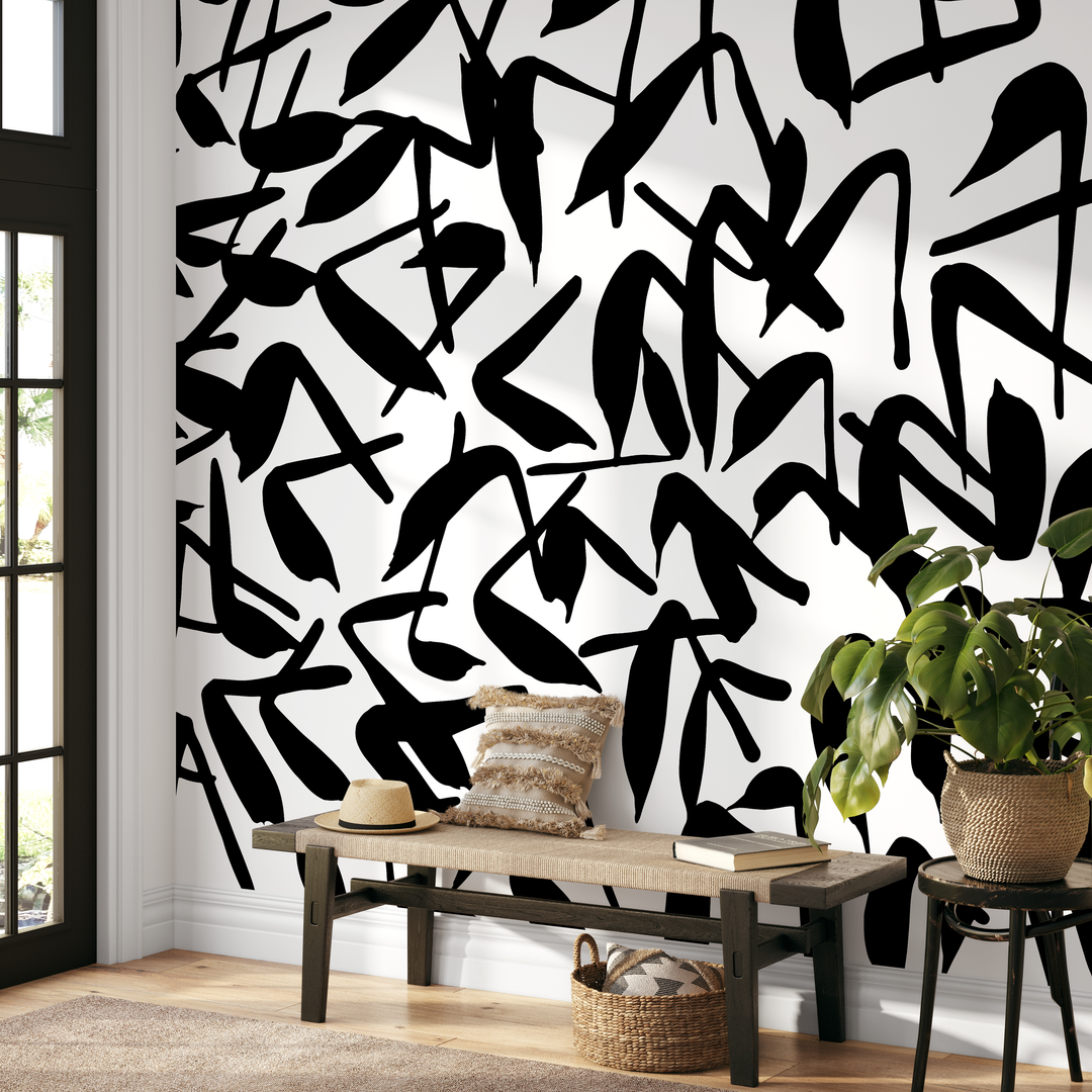 Abstract Wallpaper with Bold Brush Strokes in Black and White - B622