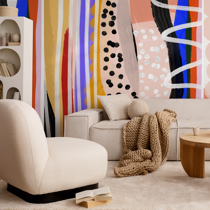 Abstract Wallpaper with Painterly Brushstrokes in Blue, Red, and Yellow - B756