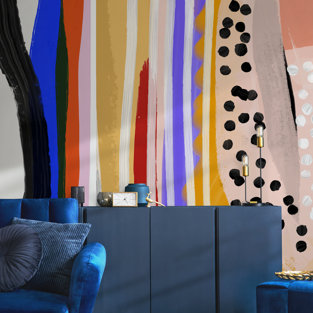 Abstract Wallpaper with Painterly Brushstrokes in Blue, Red, and Yellow - B756