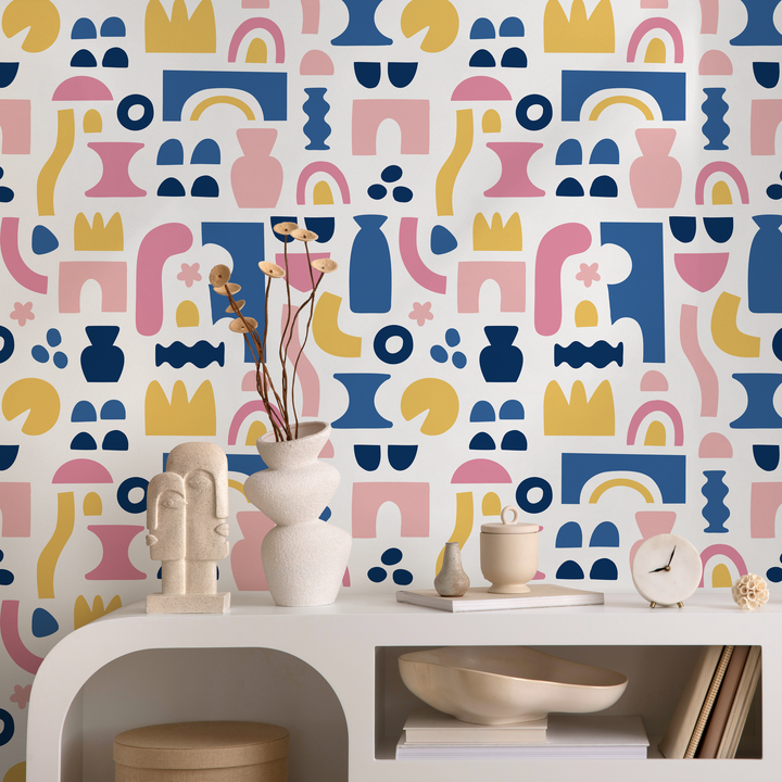 Abstract Wallpaper with Bold Cut-Out Shapes in Blue, Pink, and Yellow - B760
