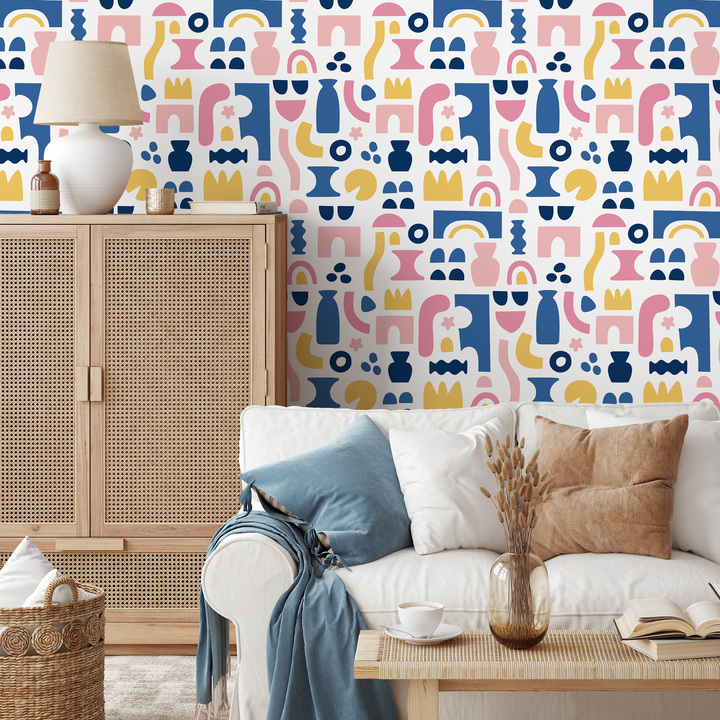 Abstract Wallpaper with Bold Cut-Out Shapes in Blue, Pink, and Yellow - B760