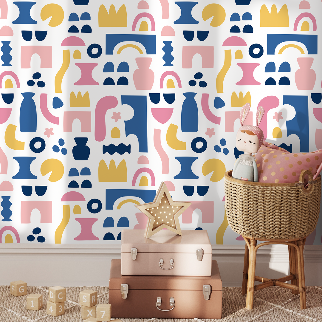Abstract Wallpaper with Bold Cut-Out Shapes in Blue, Pink, and Yellow - B760