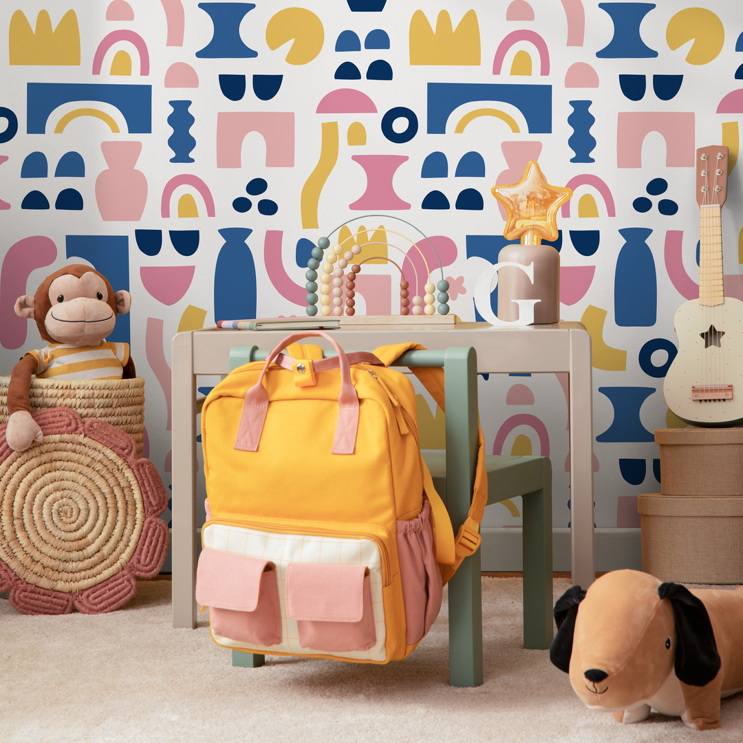 Abstract Wallpaper with Bold Cut-Out Shapes in Blue, Pink, and Yellow - B760