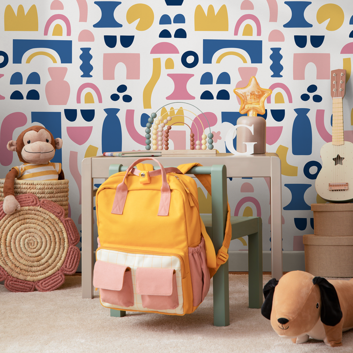 Abstract Wallpaper with Bold Cut-Out Shapes in Blue, Pink, and Yellow - B760