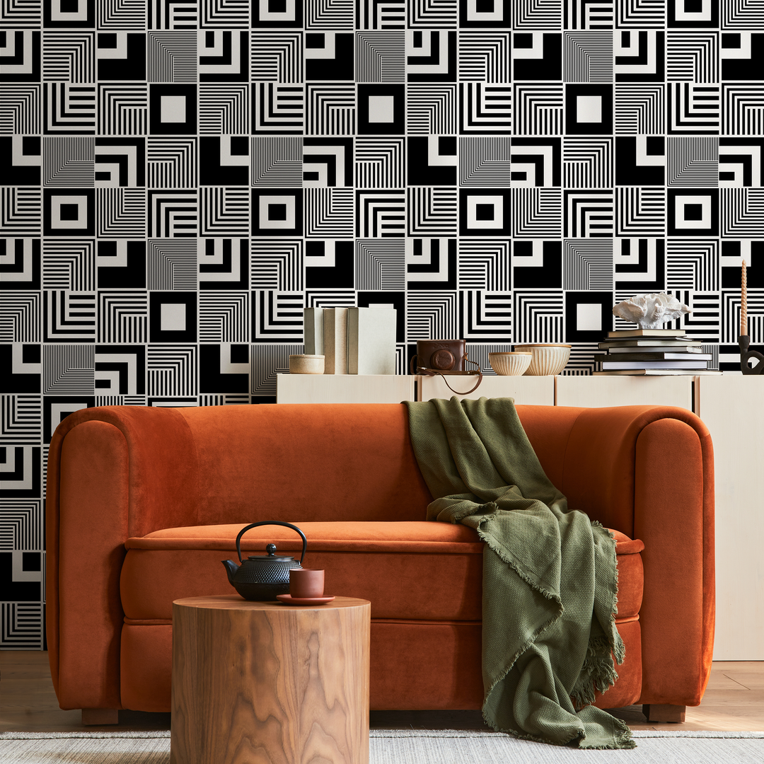 Geometric Wallpaper with an Op Art Inspired Square Motif in Black and White - B789