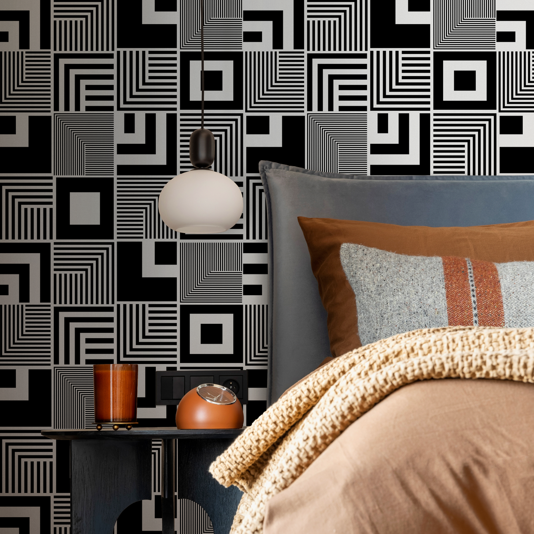 Geometric Wallpaper with an Op Art Inspired Square Motif in Black and White - B789