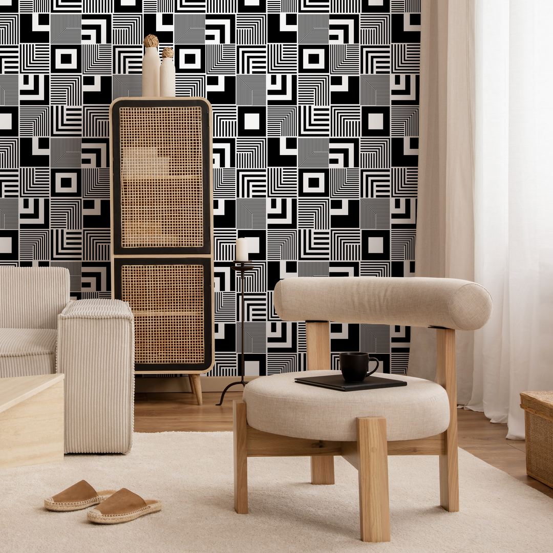 Geometric Wallpaper with an Op Art Inspired Square Motif in Black and White - B789