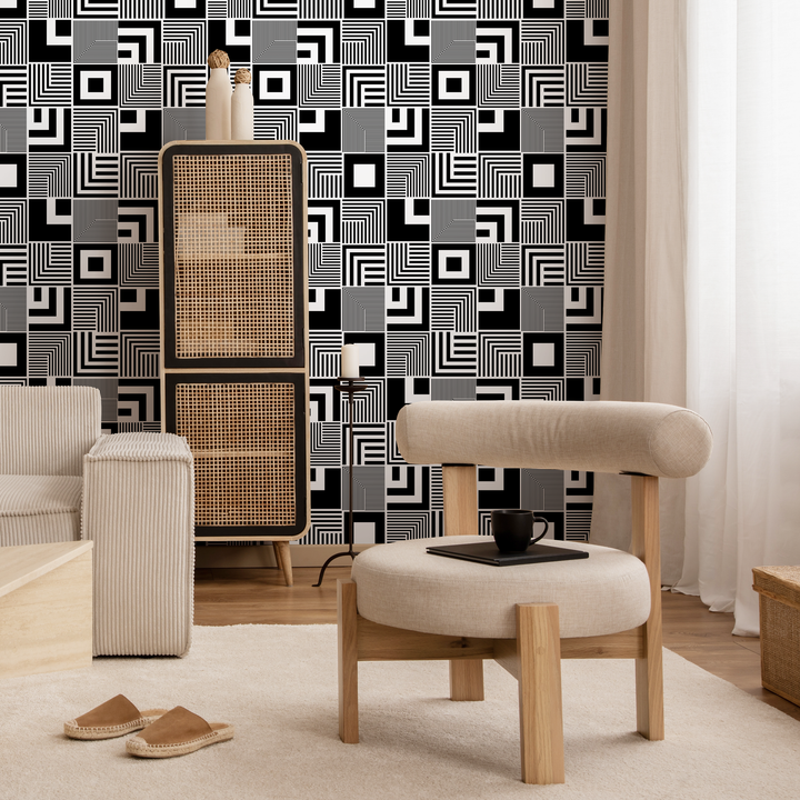 Geometric Wallpaper with an Op Art Inspired Square Motif in Black and White - B789