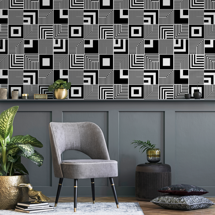 Geometric Wallpaper with an Op Art Inspired Square Motif in Black and White - B789