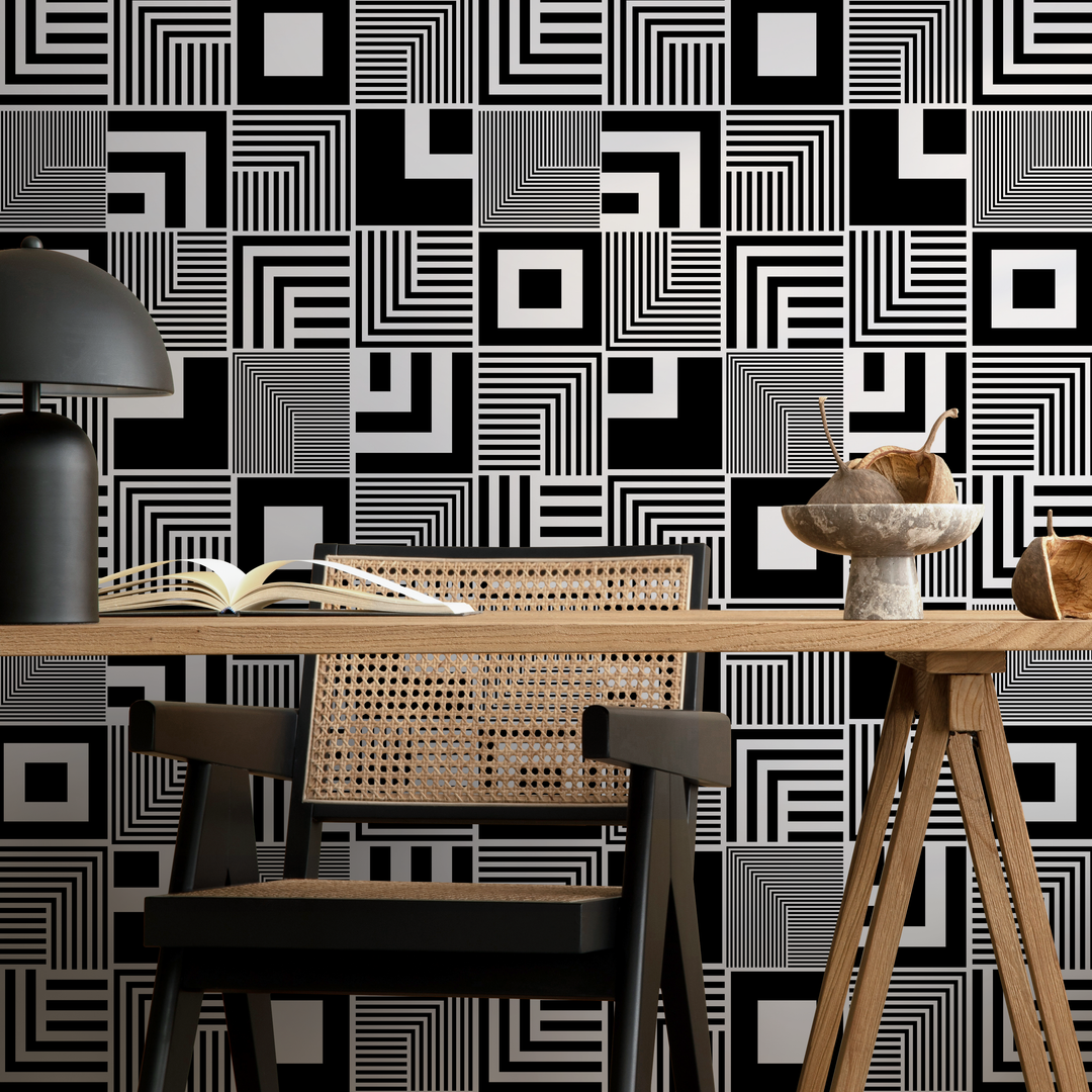 Geometric Wallpaper with an Op Art Inspired Square Motif in Black and White - B789