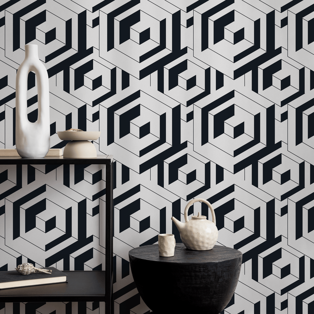 Geometric Wallpaper with a Bold Labyrinth Motif in Black and White - B798