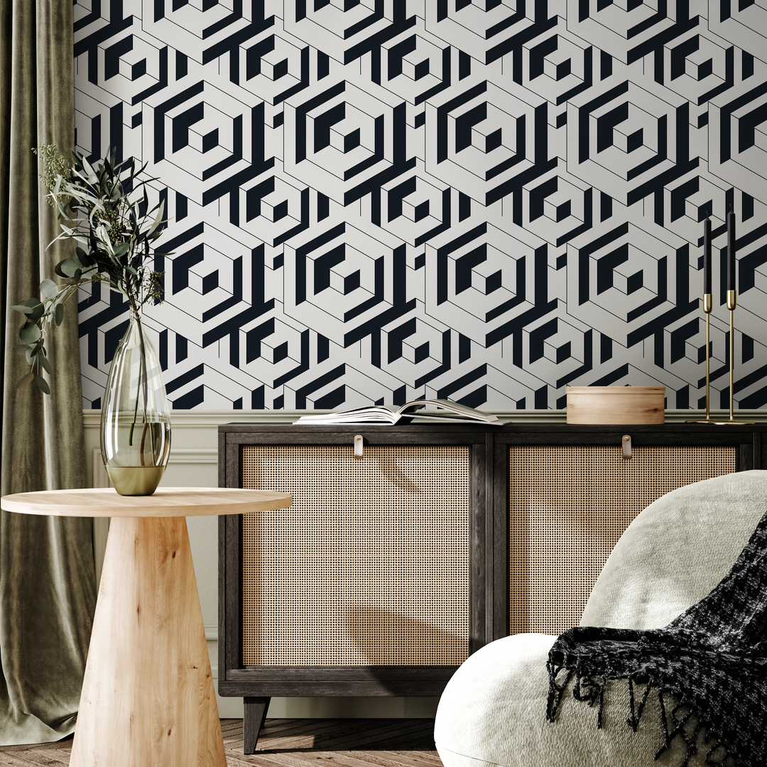 Geometric Wallpaper with a Bold Labyrinth Motif in Black and White - B798
