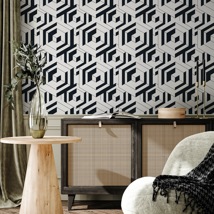 Geometric Wallpaper with a Bold Labyrinth Motif in Black and White - B798