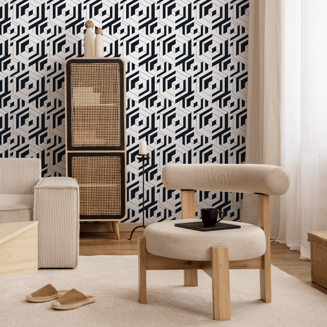 Geometric Wallpaper with a Bold Labyrinth Motif in Black and White - B798