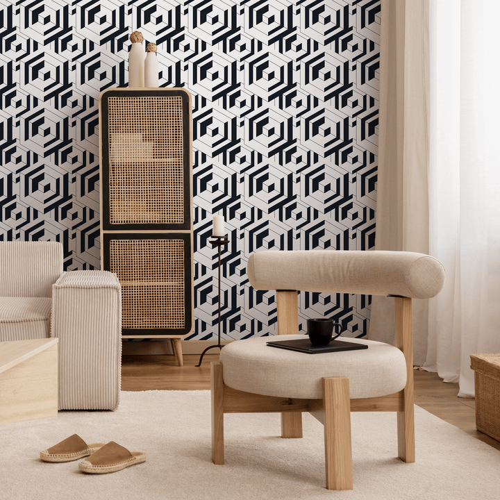 Geometric Wallpaper with a Bold Labyrinth Motif in Black and White - B798