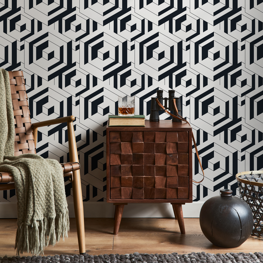 Geometric Wallpaper with a Bold Labyrinth Motif in Black and White - B798