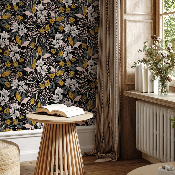 Botanical Wallpaper with Stylized Wildflowers in Yellow, Green, and Pink - B807