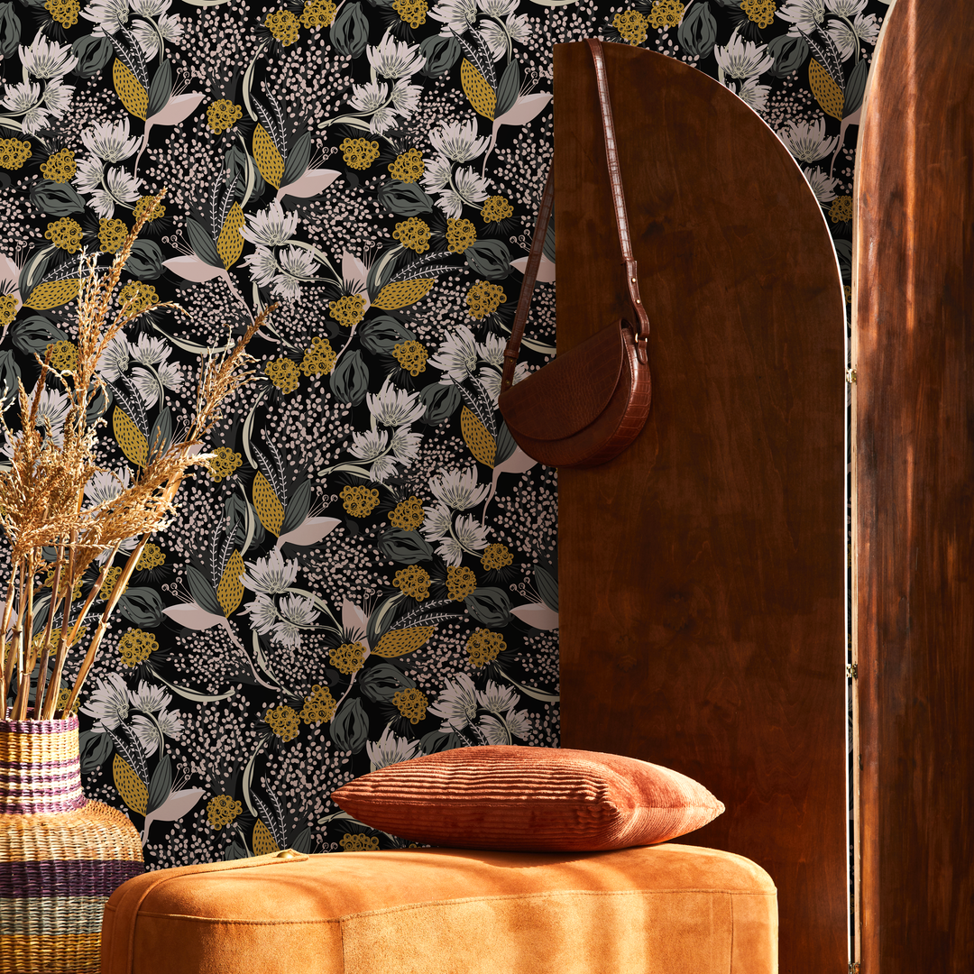 Botanical Wallpaper with Stylized Wildflowers in Yellow, Green, and Pink - B807