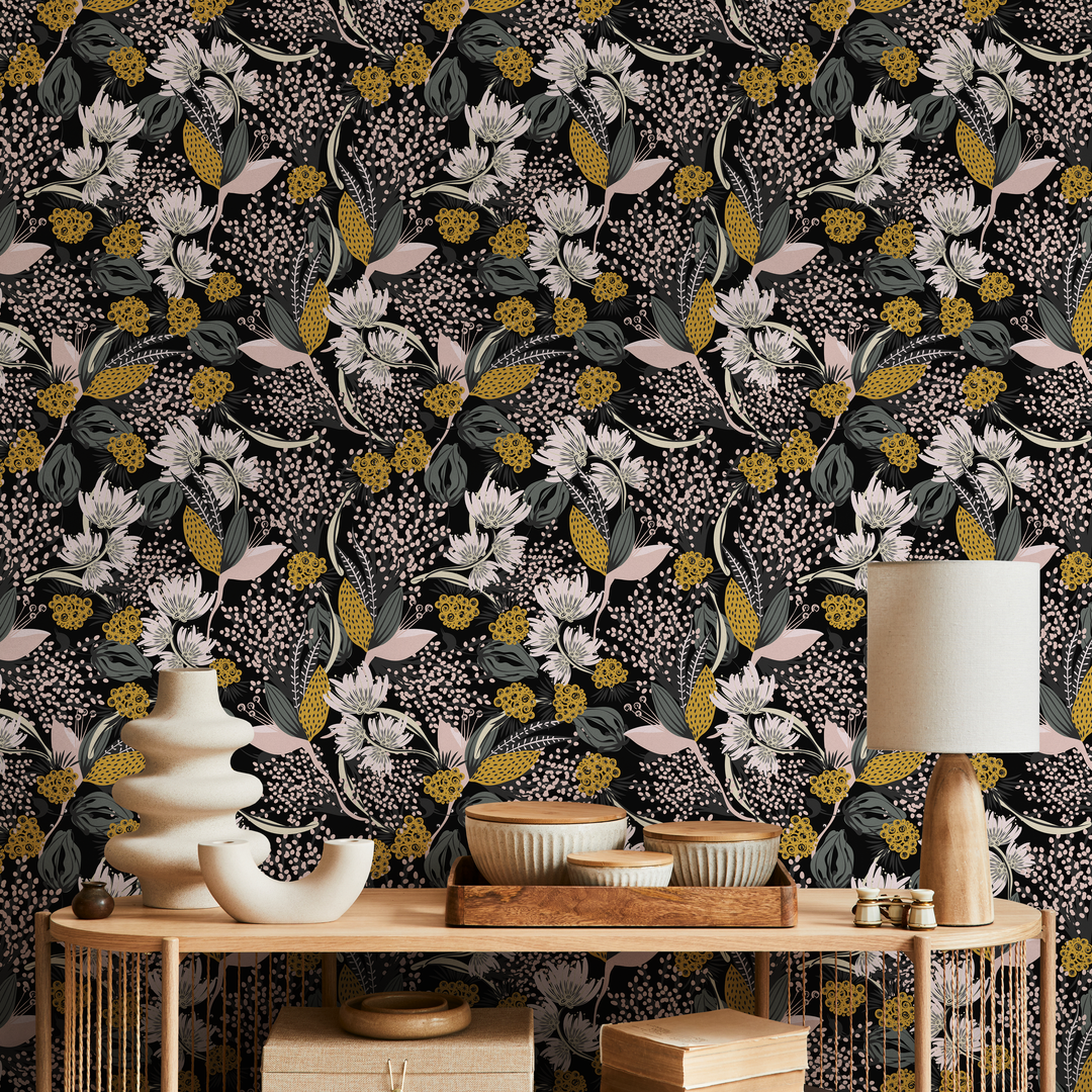 Botanical Wallpaper with Stylized Wildflowers in Yellow, Green, and Pink - B807