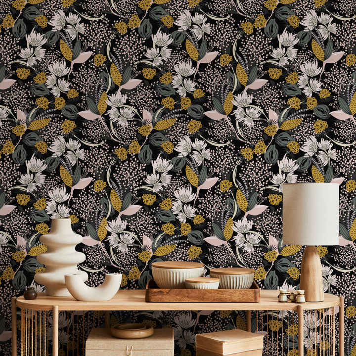 Botanical Wallpaper with Stylized Wildflowers in Yellow, Green, and Pink - B807