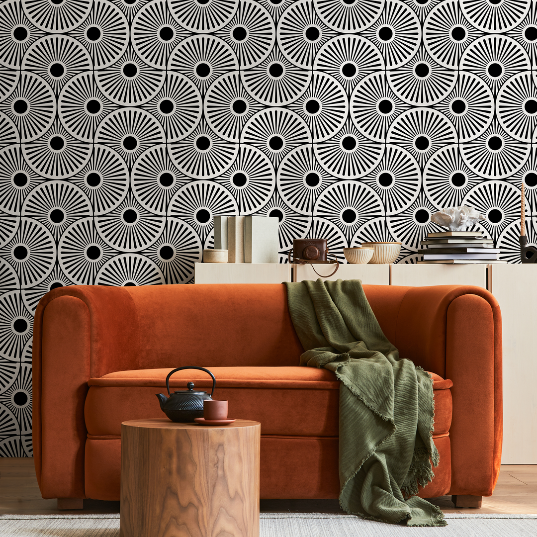 Art Deco Wallpaper Featuring a Bold Sunburst Motif in Black and White - B859