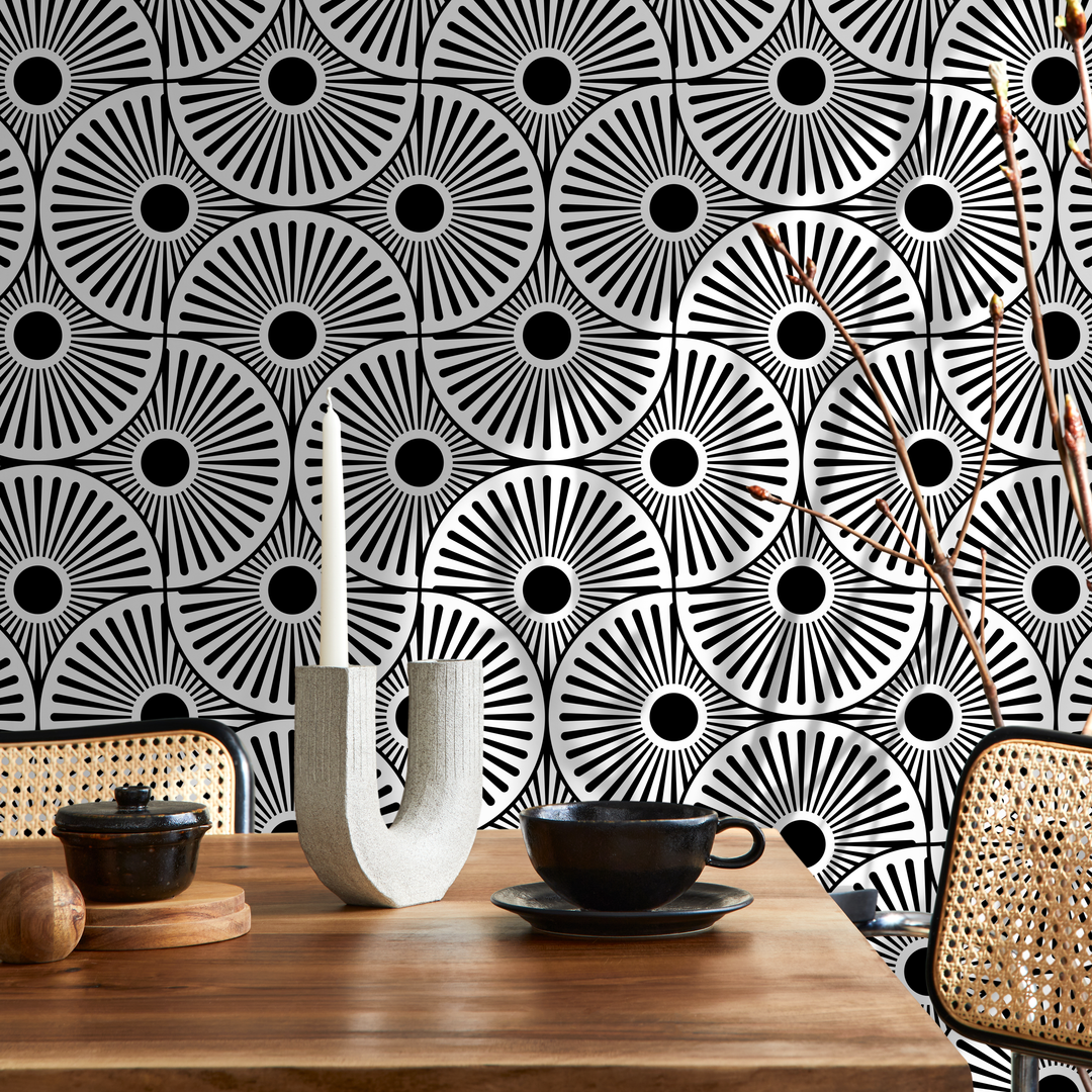 Art Deco Wallpaper Featuring a Bold Sunburst Motif in Black and White - B859