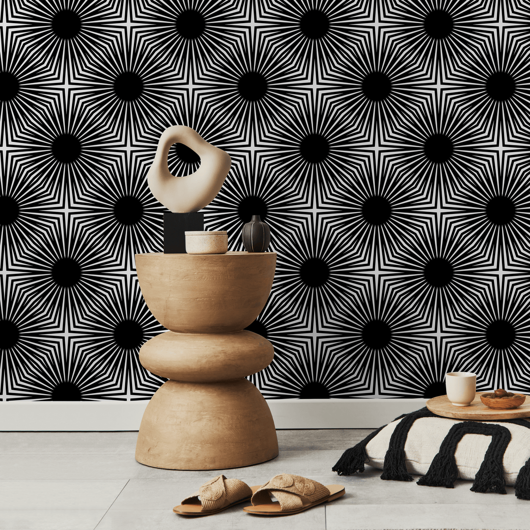 Geometric Wallpaper with a Bold Starburst Motif in Black and White - B887