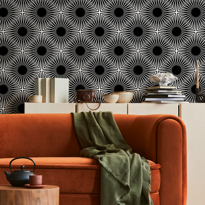 Geometric Wallpaper with a Bold Starburst Motif in Black and White - B887