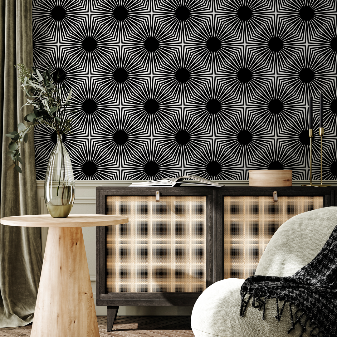 Geometric Wallpaper with a Bold Starburst Motif in Black and White - B887