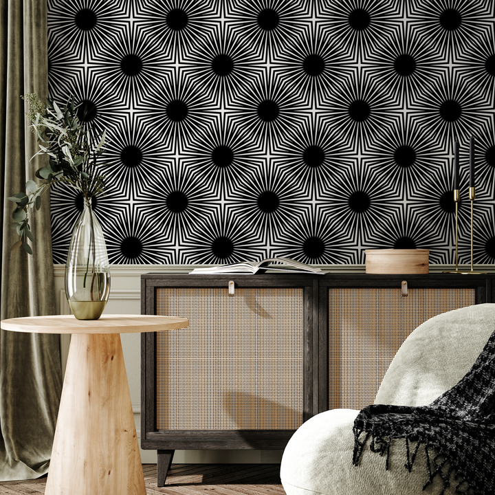 Geometric Wallpaper with a Bold Starburst Motif in Black and White - B887