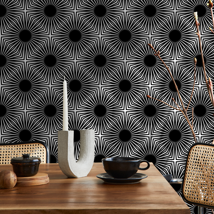 Geometric Wallpaper with a Bold Starburst Motif in Black and White - B887