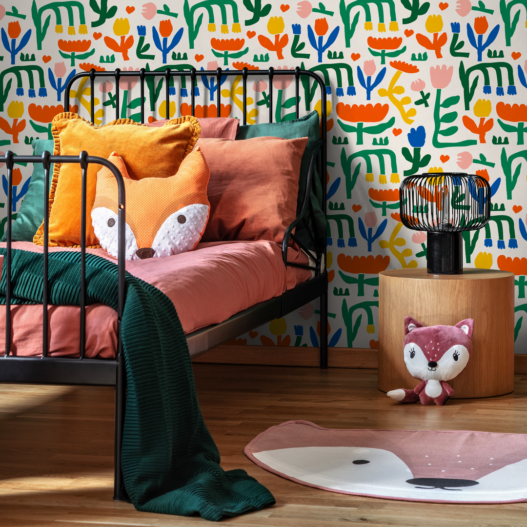 Kids Wallpaper with Abstract Floral Shapes in Green, Orange, and Blue - B895