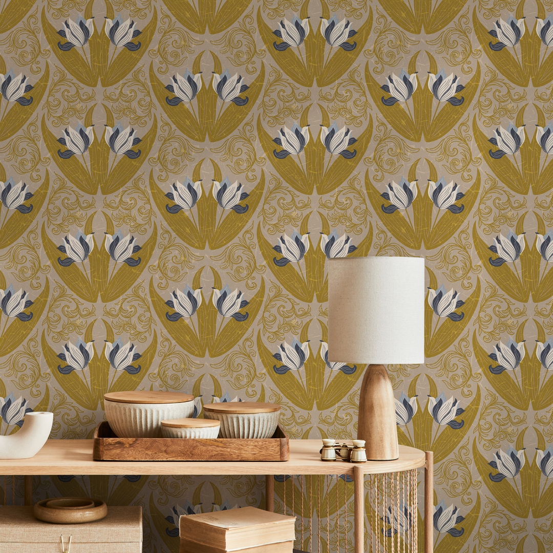 Art Nouveau Wallpaper with a Stylized Tulip Damask in Ochre, Blue, and Taupe - B906