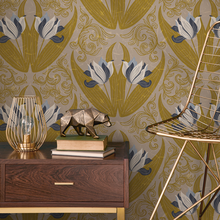 Art Nouveau Wallpaper with a Stylized Tulip Damask in Ochre, Blue, and Taupe - B906