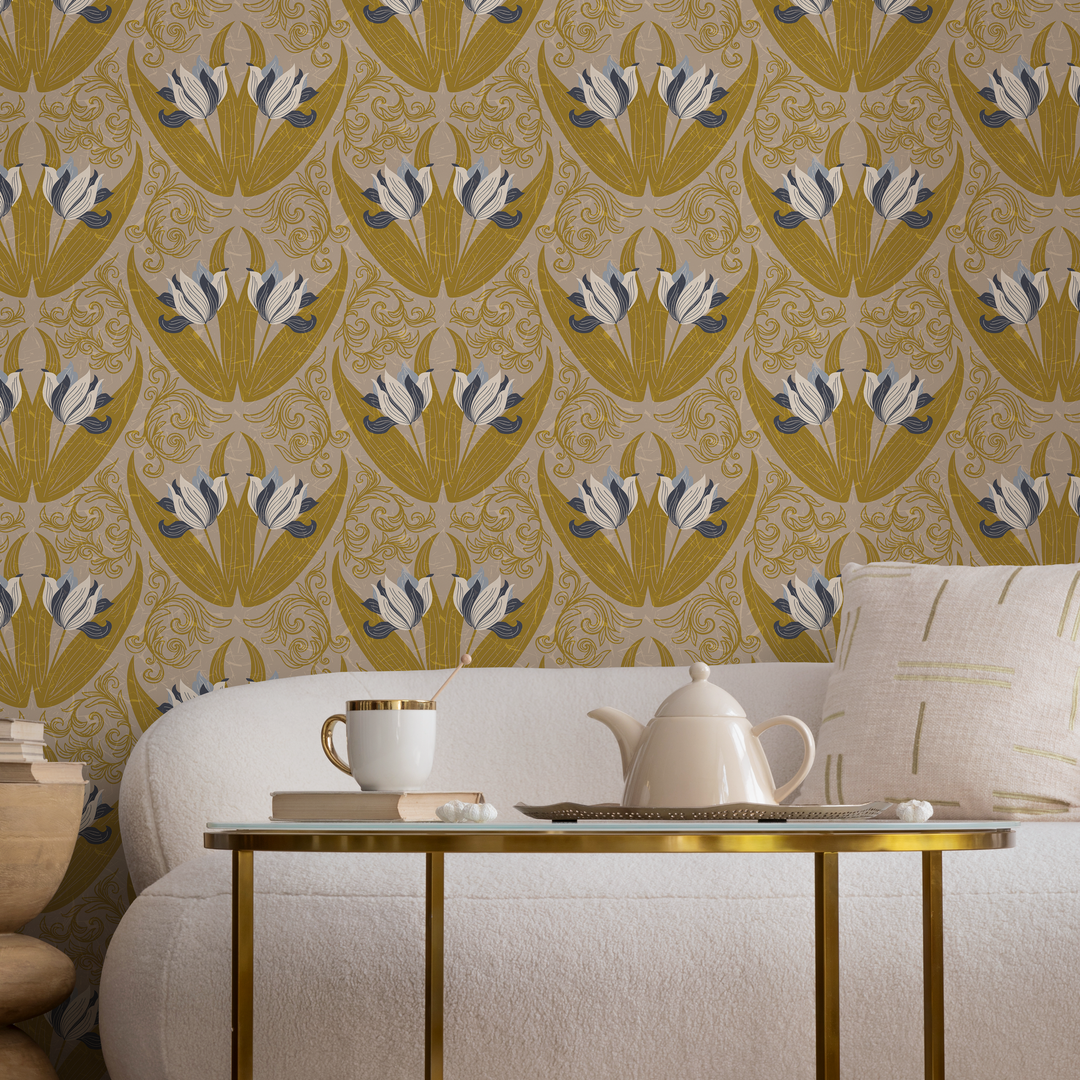 Art Nouveau Wallpaper with a Stylized Tulip Damask in Ochre, Blue, and Taupe - B906