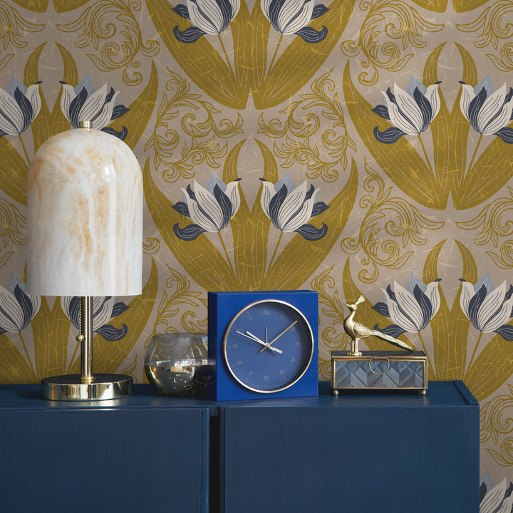 Art Nouveau Wallpaper with a Stylized Tulip Damask in Ochre, Blue, and Taupe - B906