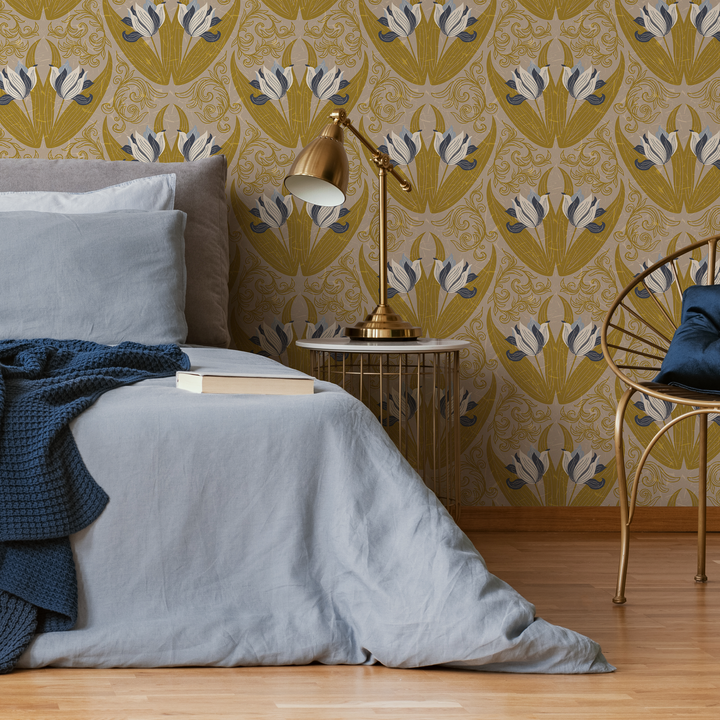 Art Nouveau Wallpaper with a Stylized Tulip Damask in Ochre, Blue, and Taupe - B906
