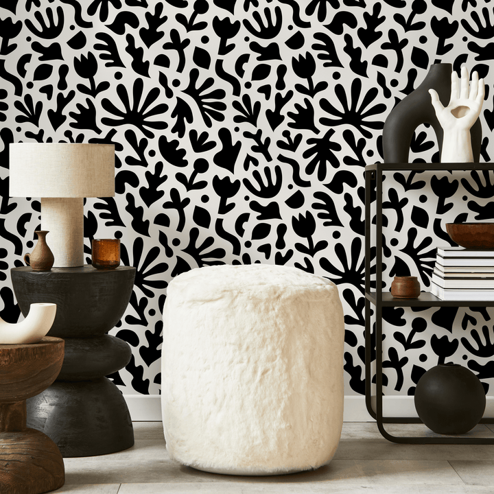 Abstract Wallpaper with Matisse Inspired Cut-Outs in Black and White - B909