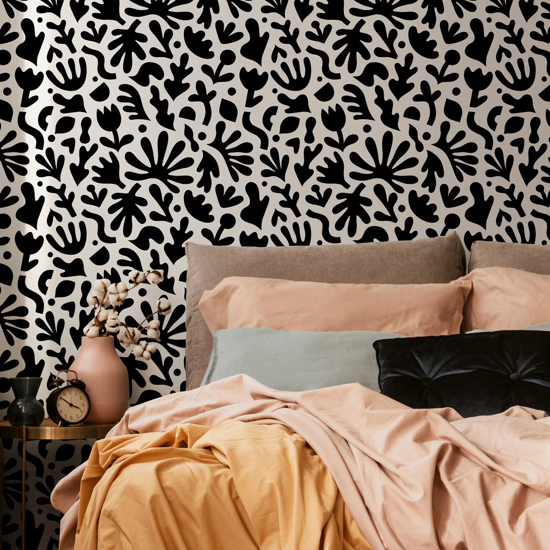 Abstract Wallpaper with Matisse Inspired Cut-Outs in Black and White - B909