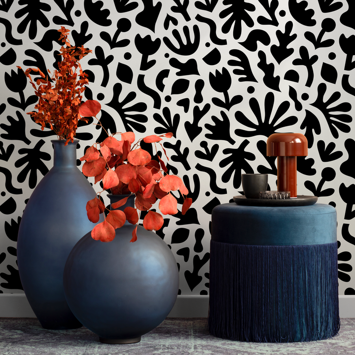 Abstract Wallpaper with Matisse Inspired Cut-Outs in Black and White - B909