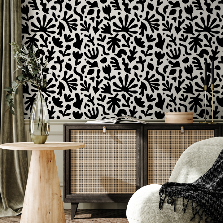 Abstract Wallpaper with Matisse Inspired Cut-Outs in Black and White - B909