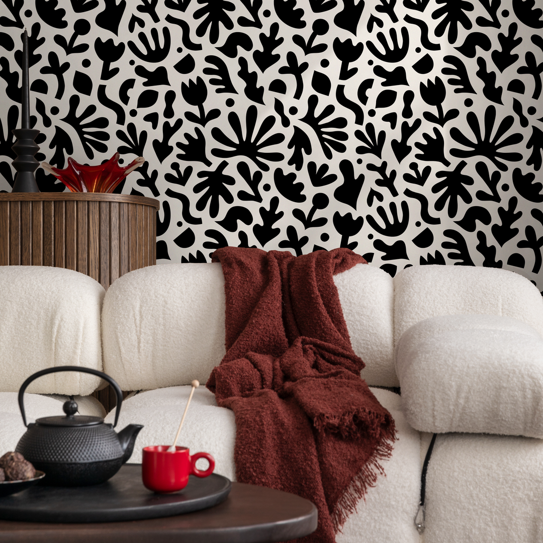 Abstract Wallpaper with Matisse Inspired Cut-Outs in Black and White - B909