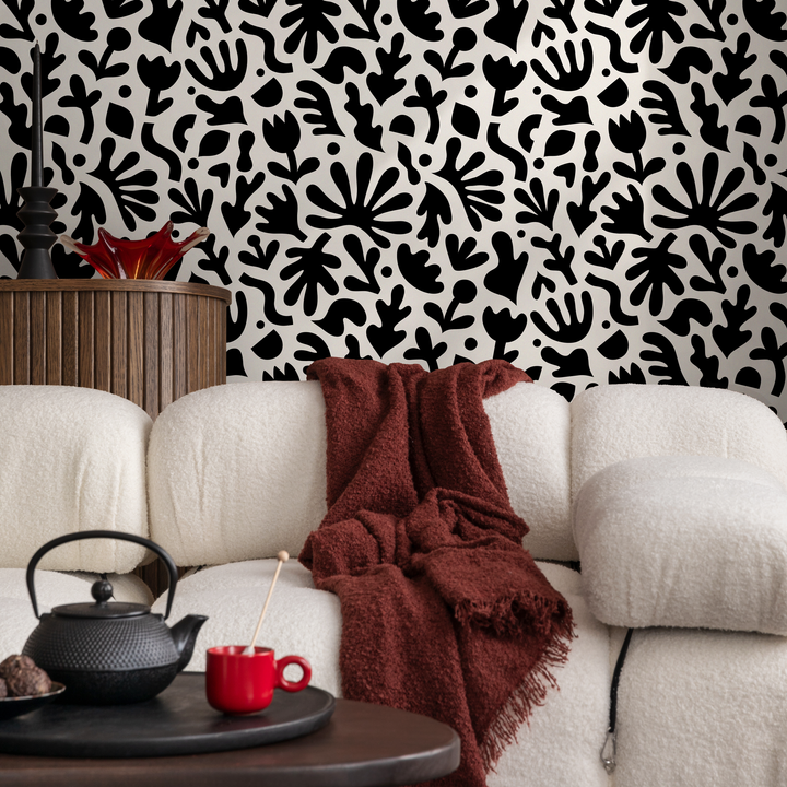 Abstract Wallpaper with Matisse Inspired Cut-Outs in Black and White - B909
