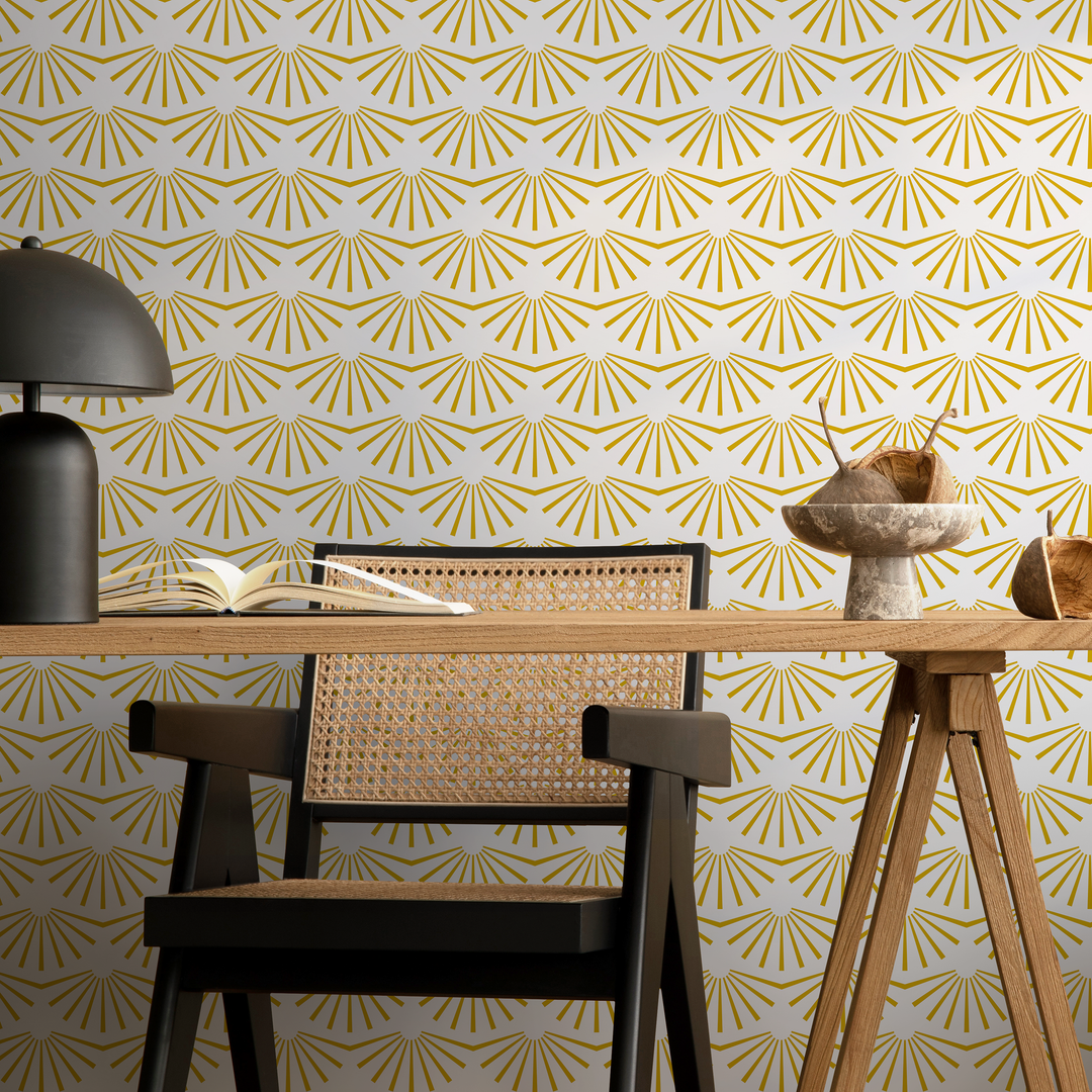 Art Deco Wallpaper with a Geometric Sunburst Motif in Yellow - B911
