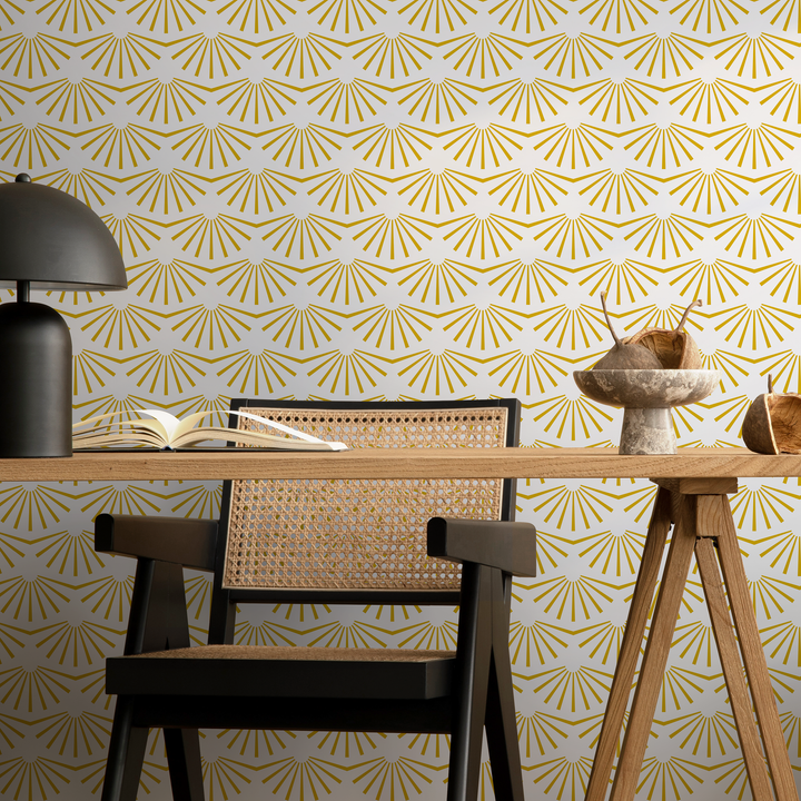 Art Deco Wallpaper with a Geometric Sunburst Motif in Yellow - B911