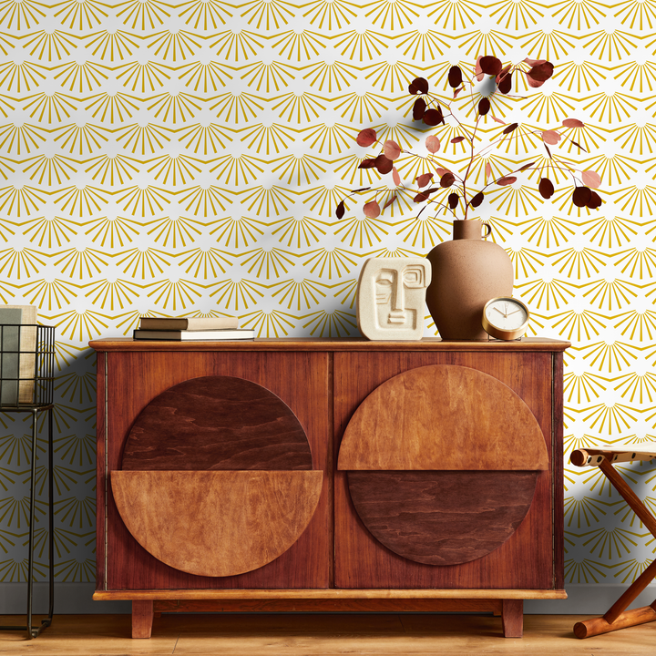 Art Deco Wallpaper with a Geometric Sunburst Motif in Yellow - B911