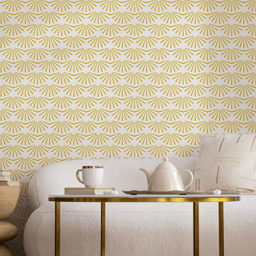 Art Deco Wallpaper with a Geometric Sunburst Motif in Yellow - B911